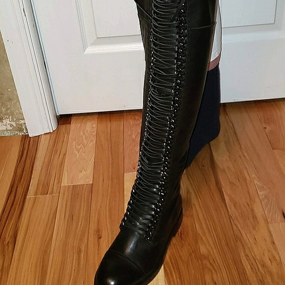 Lust For Life black leather 22" high boots 8.5 suede lace pewter chain link New - Picture 6 of 14